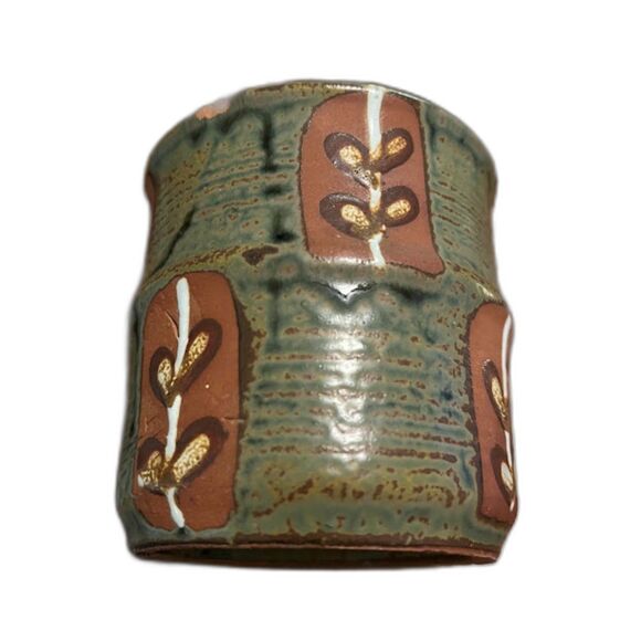 Vtg MCM Japan Redware Stoneware Vase Green Brown Leaf Design Rustic Pottery - Picture 6 of 6